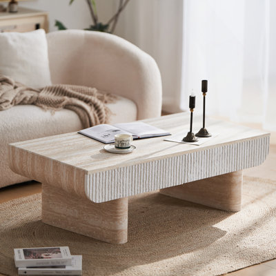 Table basse avec plateau en faux marbre, table basse moderne Mid-Century avec tiroir cannelé, table basse de salon, bureau