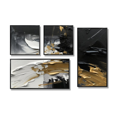 Exquise Darling Gold, vague abstraite sur fond noir I - décoration murale moderne dorée 4 pièces
