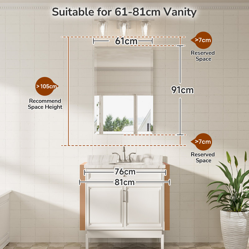 Shatterproof Beveled Frameless Bathroom Vanity Mirror, 91.4cm x 61cm