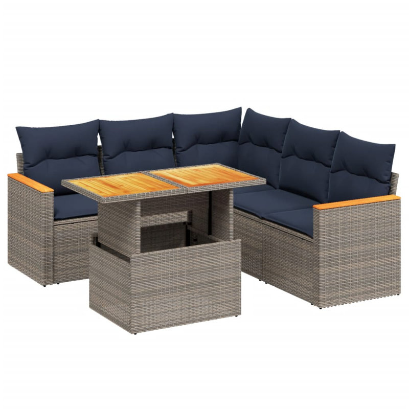  Ensemble de canapé de patio 6 pièces avec coussins en rotin de polyester, Gris, Bleu