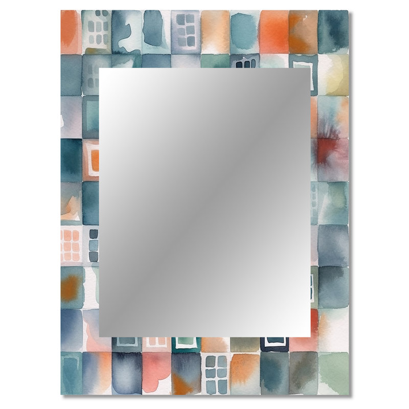Blue Abstracted Mapping Of Forms II - Geometric Decorative Mirror, Modern Large Wall Mirror, Printed Metal Art, 40" x 30"