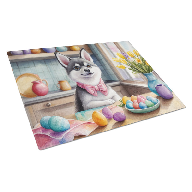 Decorating Easter Alaskan Klee Kai Glass Cutting Board