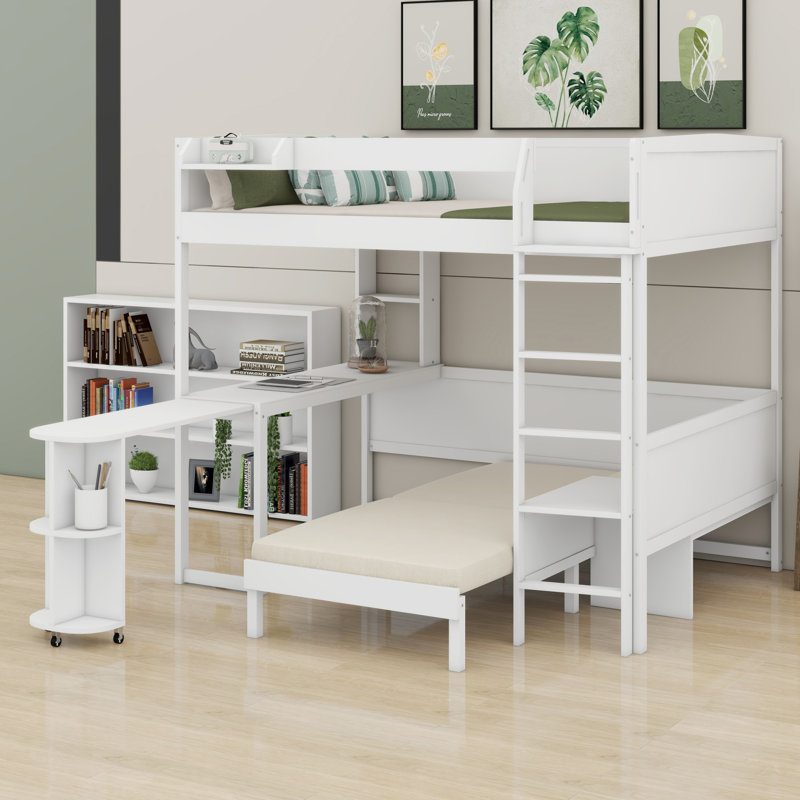 Versatile Loft Bed with Desk, Bedside Shelf, Sofa & Light, White