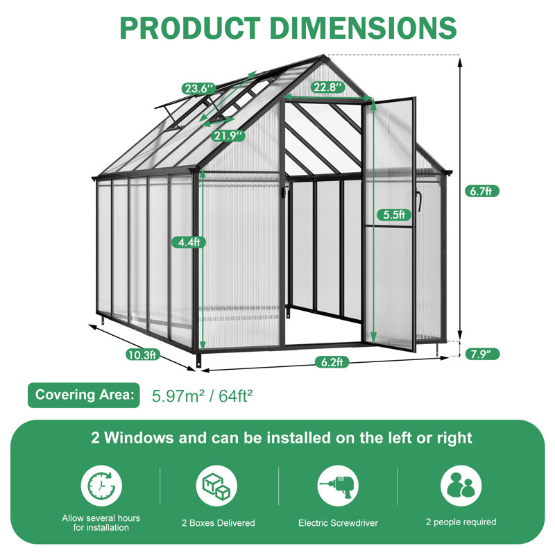 Polycarbonate Heavy Duty Aluminum Frame Greenhouse With Ventilation And Rain Gutter Walk-in Green House for Sunroom Patio Backyard