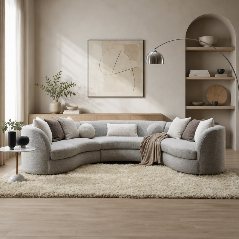 Canapé modulaire gris avec 9 coussins et motif incurvé