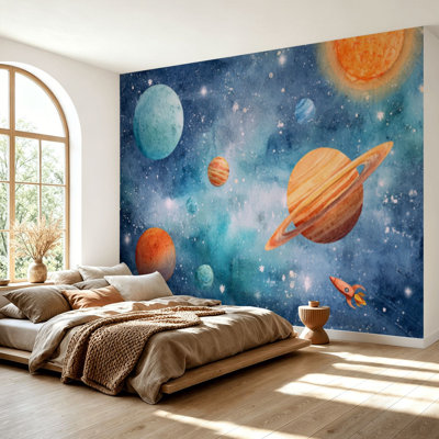 Wall Mural Peel and Stick Wallpaper Watercolor Space Planets Self-Adhesive Removable Contact Paper Wall Decor for Living Room Bedroom 69"H x 96"W