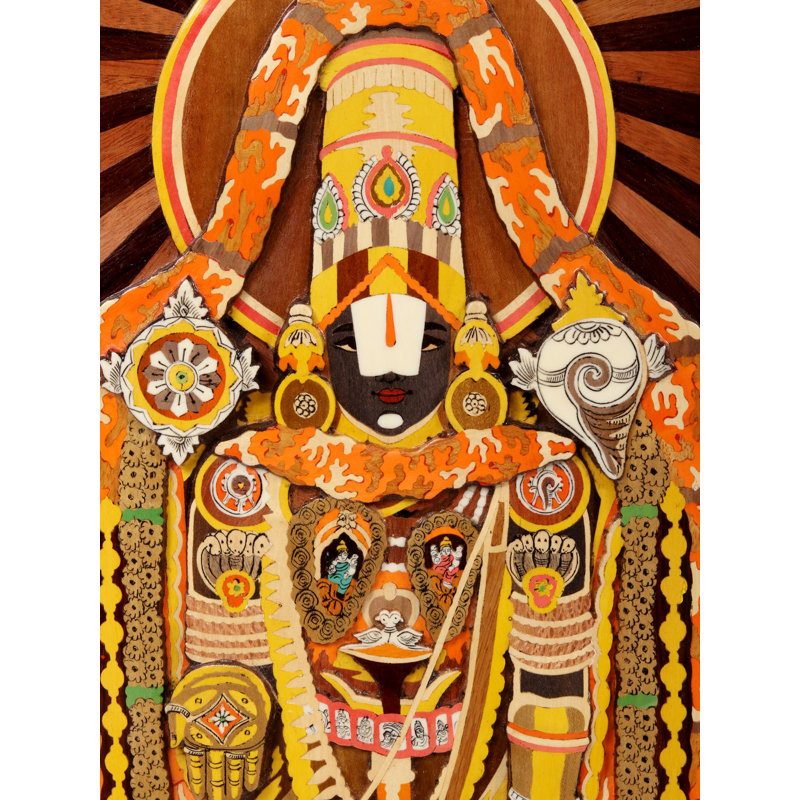 Handcrafted 36-Inch Tirupati Balaji 3D Mysore Rosewood Inlay Wall Panel