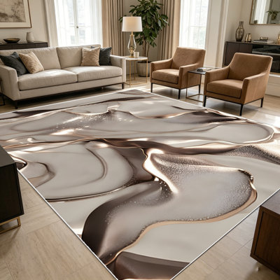 Tapis abstraits à encre de marbre fluide or champagne 1pc pour le salon, doux et confortable, convient à toutes les saisons, facile à entretenir, tapis d'intérieur lavable à la machine, sous la table de ferme convenant à la table à manger, au vestibule, à la chambre à coucher, à la maison