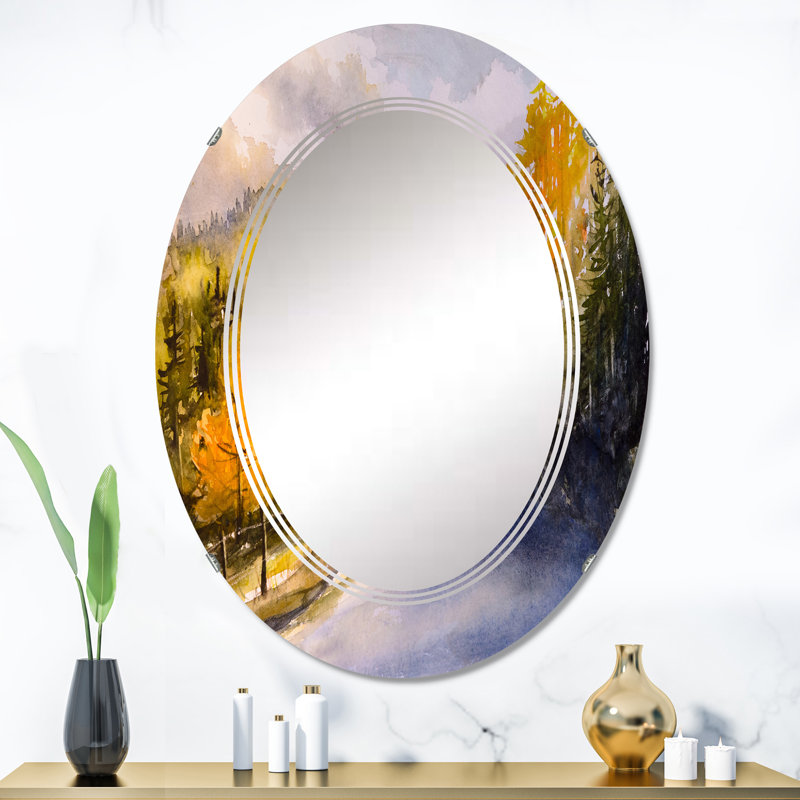 Paysage d'automne avec des oranges jaunes et des arbres verts - miroir mural traditionnel ovale, 36 po x 24 po