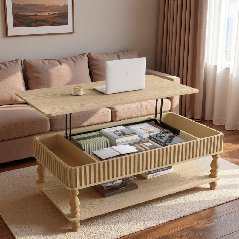 Table basse vintage à plateau relevable avec détails cannelés, rangement caché, rangement ouvert, pieds hydrauliques et romains