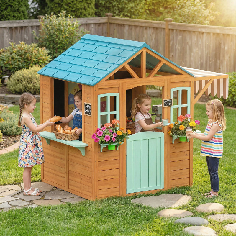 Outdoor Playhouse, Wood Kids Playhouse Cottage with Snack Bar, Half Door, Windows, Flowerpot Holders, Chalkboard, Tossing Game for Backyard, Imaginative Play, for Kids Age 3-6
