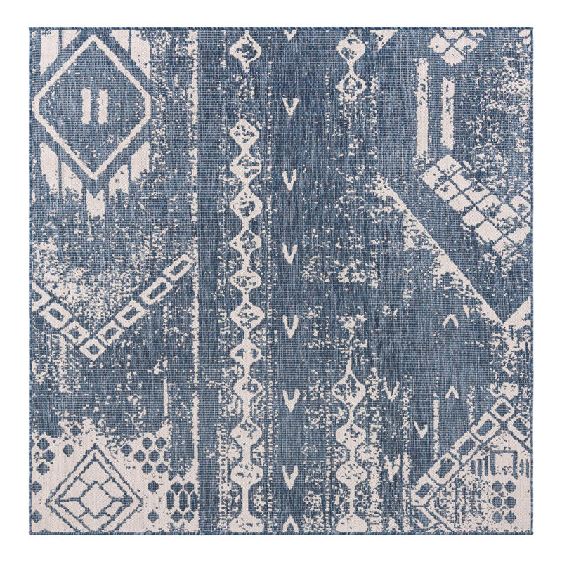 Bonnetta Geometric Machine Woven Polypropylene Indoor / Outdoor Area Rug in Blue/Ivory, Square 7'
