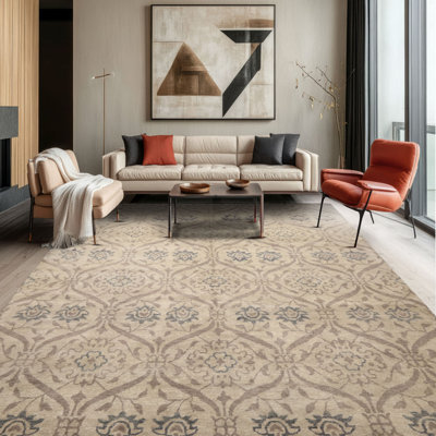 Tapis tibétain noué à la main en laine beige-gris de style transitionnel, 2,44 m x 2,95 m