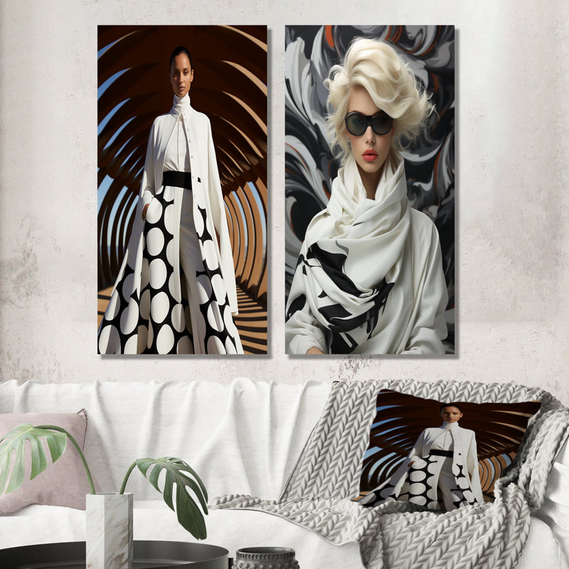Noir et blanc, mode féminine, élégance dévoilée II - ensemble de 2 reproductions d'art en métal, H 32 po x l 32 po