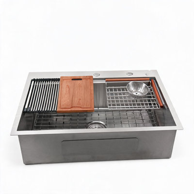 33 inch Brushed Nickel Stainless Steel Drop In Topmount Single Bowl Kitchen Sink with Workstation Ledges and Accessories