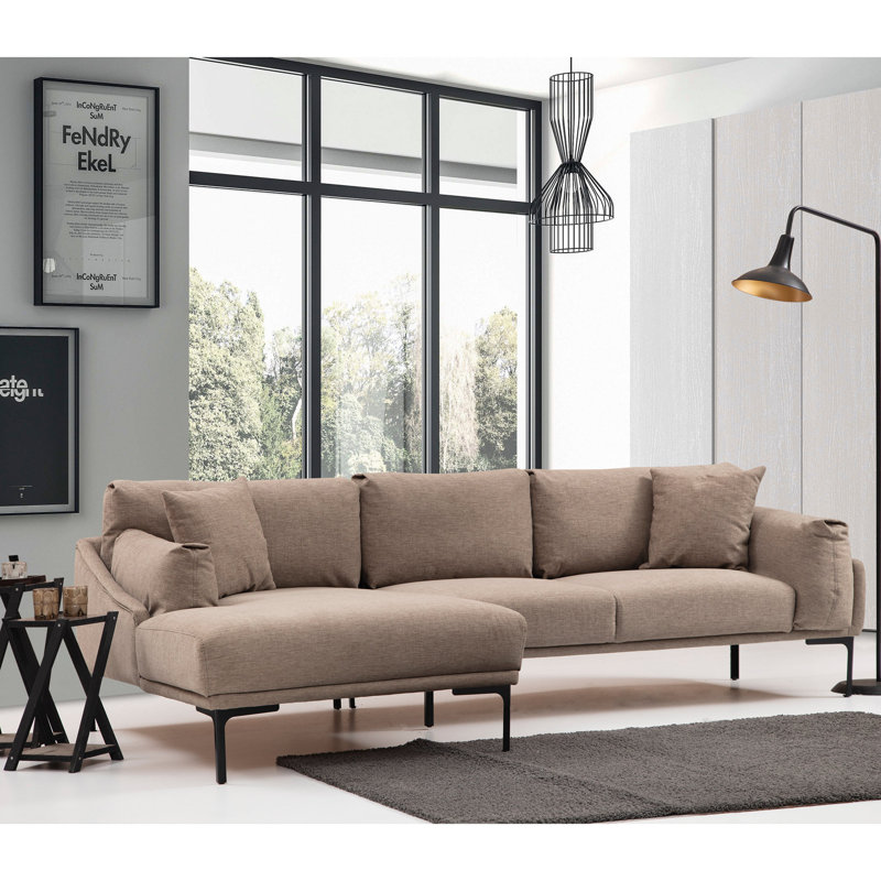Mocha Corner Sofa with Beech Wood Frame & Black Metal Legs, 100% Polyester Fabric | 100% Dry-Cleanable | Dimensions: 100.4 x 59.1 x 25.6 inches | Includes 2 Cushions, Perfect for Industrial & Scandinavian Style Living Rooms