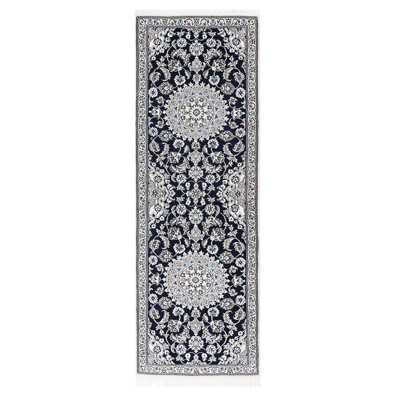 Navy Blue Fine Hand Knotted Persian Silk & wool Nain 2'X 6'5"