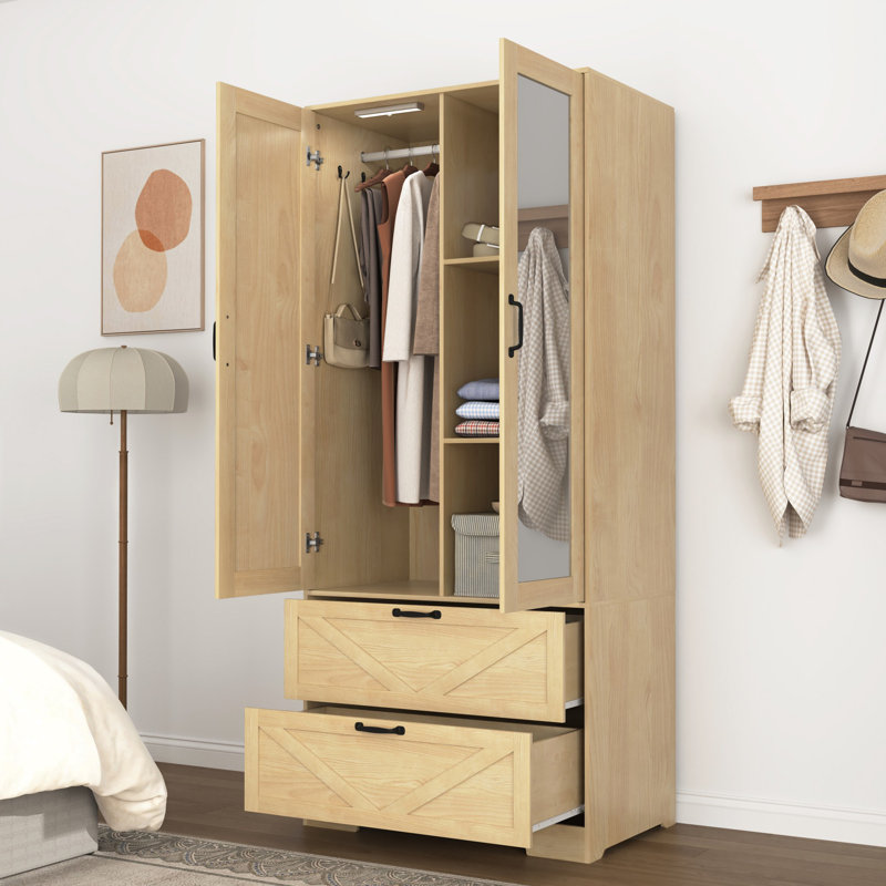 Armoire élégante et chic pour chambre à coucher avec tringle à vêtements suspendue à l'intérieur de l'armoire et tiroirs pour l'organisation du rangement