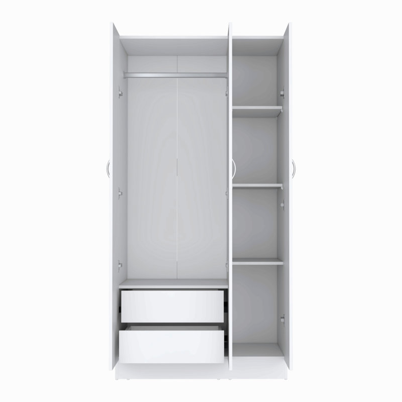 Armoire-penderie avec 3 portes, 2 tiroirs et 4 tablettes à 4 niveaux