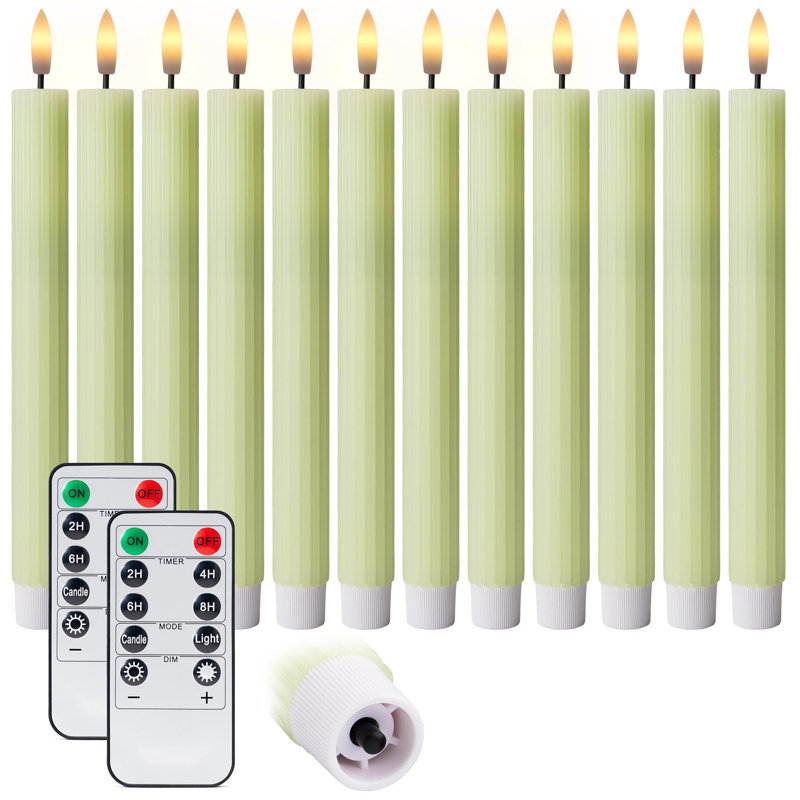 Fluted Ribbed Grooved LED Flameless Taper Candles, Remote, On/Off Button, Battery Operated, 12 Pack, Green