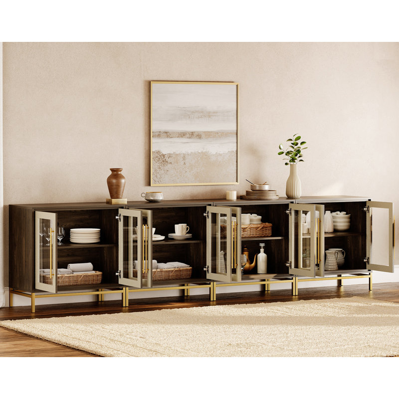  Leather Doors Sideboard Cabinet With 16" Deep Glass Cabinet