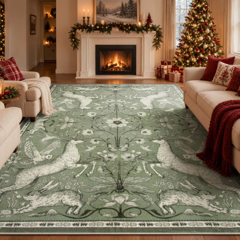 Goldene Morris Inspired Woodland Animal Washable Area Rug with Non-Slip Backing for Living Room, Bedroom and Kidsroom