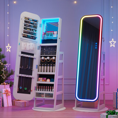 Modern Led Full-length Mirror Jewelry Armoire With Rgb Lighting - Standing Freestanding Makeup Mirror With Storage