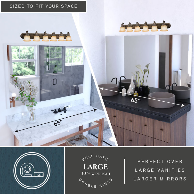 Sutherland 6-Light 48 inch Wide Parisian Bronze Transitional Bathroom Vanity Lighting Fixture, Amber Alabaster Glass Shade, Dimmable, LED Compatible, Over the Mirror Wall Mounted, Full Backplate