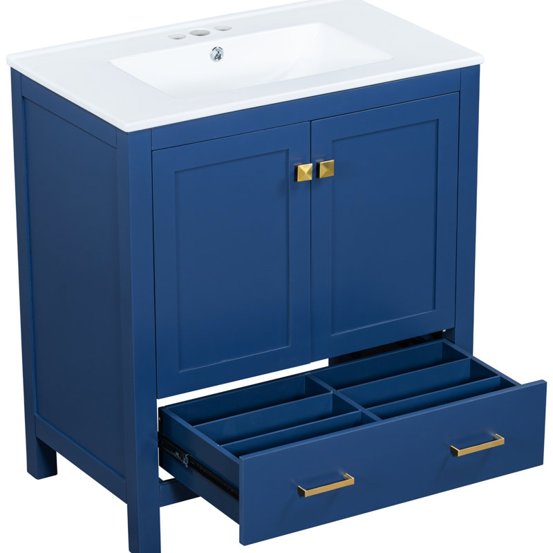 Meuble de salle de bain bleu de 30 po. Meuble-lavabo avec lavabo simple et armoire. Matériau en bois massif. Portes, structure de décoration moderne, extérieur. Lavabo rectangulaire en céramique. 2 1 tiroir. Pour silencieux