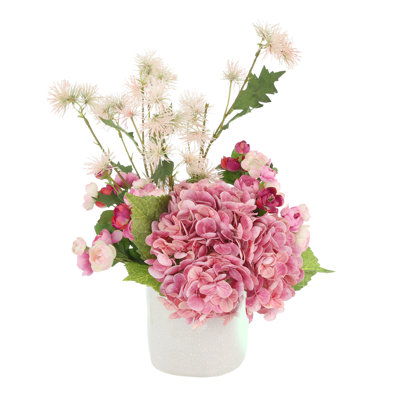 Hydrangea and Ranunculus Arranged in Ceramic Pot