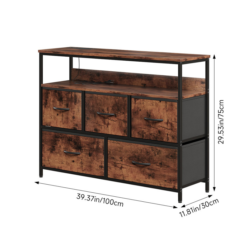 Multi-Function Steel-Wood 5-Drawer Storage Cabinet with Fabric Drawers, and Power Outlets, Brown