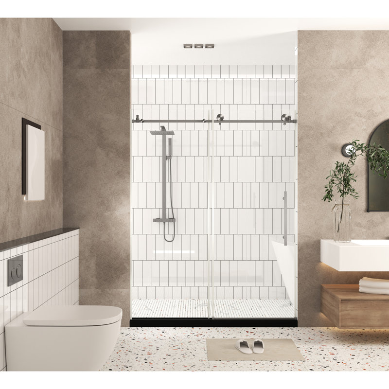 Shower Door 76" H 56 - 60" W 1/4" (6 Mm) Clear Tempered Glass Stainless Steel Handle Brushed Nickel Transmitting Large Wheels And Round Tracks For Quiet Smooth Sliding Water Blocking Strip X Proof