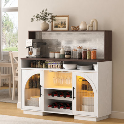 Sideboard Buffet Cabinet, 54" Kitchen Cabinet With Led Lights & Arched Glass Doors, Tall Bar Cabinets With Adjustable Shelves, Wine Rack & Storage Table For Dining Room