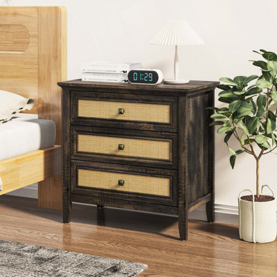 3 Drawer Dresser Rattan Dresser Wood Chest of Drawers Farmhouse Closet Dressers Modern Bedside Table Rustic Nightstand Storage Cabinet for Bedroom, Ha