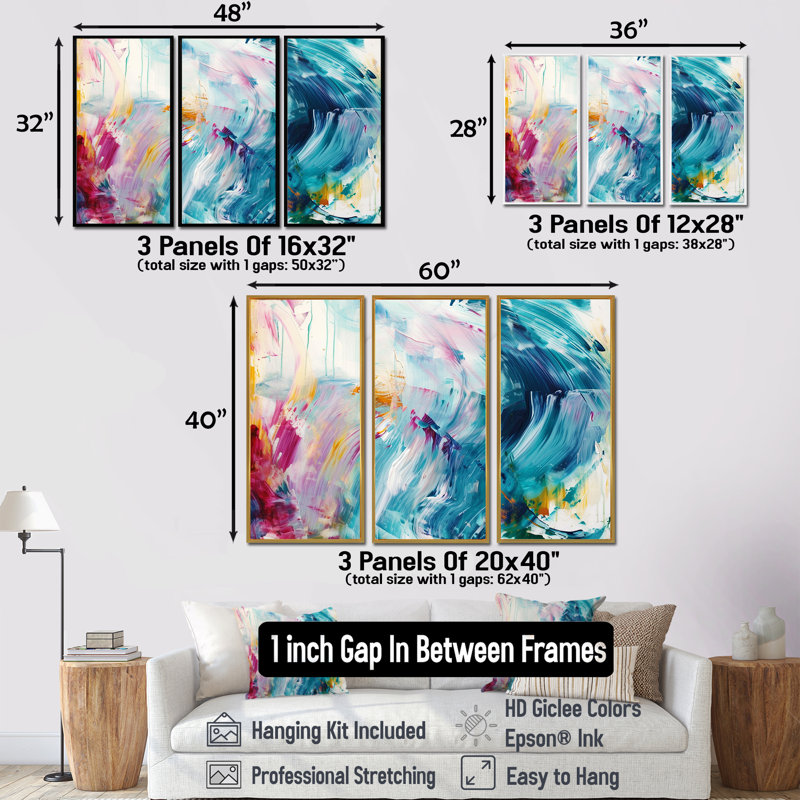Ensemble de salon Vibrant Waves Miami Sunset I - Abstract Modern Waves, H 28 po x l 36 po x P 1 po, Encadrement argenté