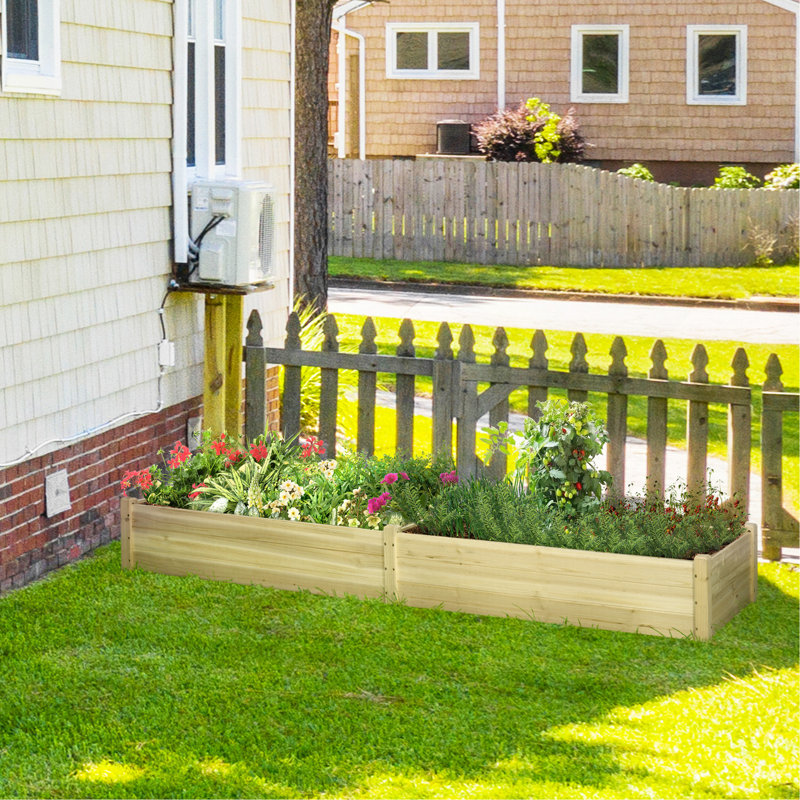 Ensemble de jardin surélevé en bois 8 x 2 pi, jardinière surélevée avec 2 boîtes, fond et doublure auto-drainants, patio pour cultiver des légumes, des herbes et des fleurs, naturel