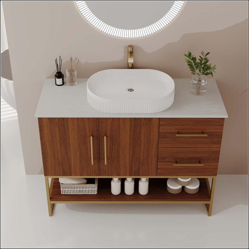 Meuble-lavabo moderne 36 po avec lavabo vasque en céramique, Ovale, Noyer