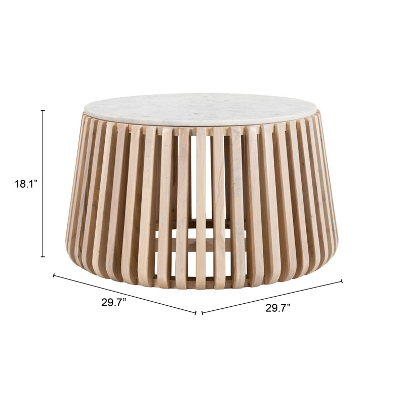 Round White Marble Top Coffee Table with Natural Wood Base