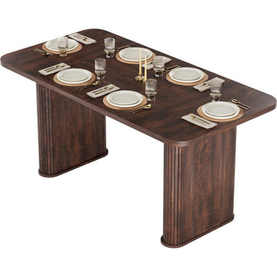 62 Inch Table - Set for 6-8 People, Wooden Kitchen Table with Grille Design, Suitable for Home, Office, Living Room