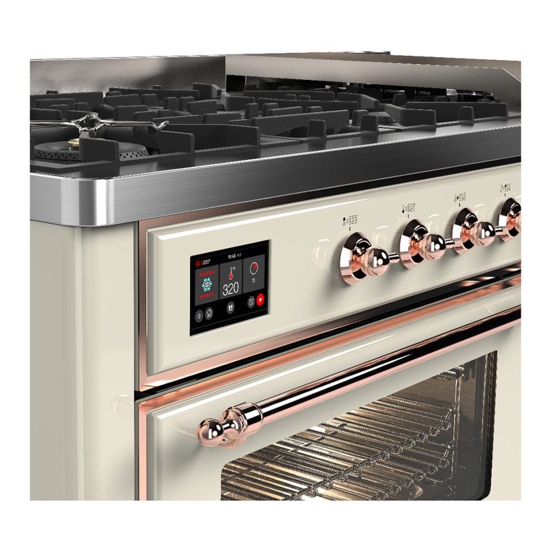 Majestic III Series 60 Inch Dual Fuel Range with 7 Sealed Burners, Griddle, in Antique White (Natural Gas, Copper Trim)