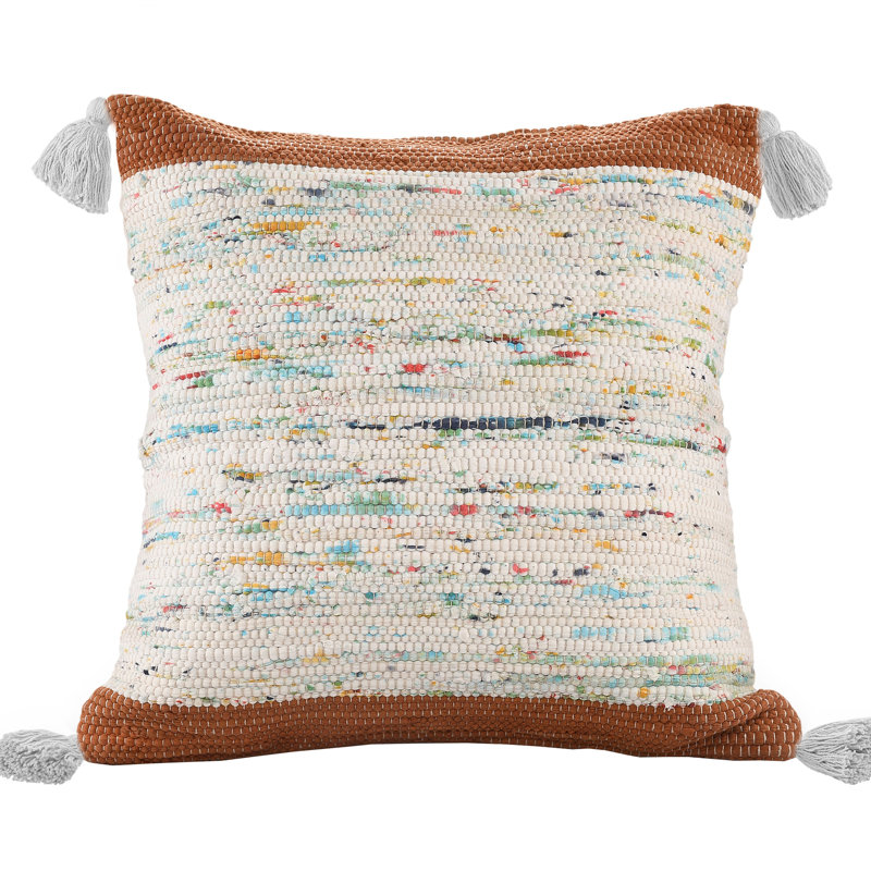 Colorful Abstract Cotton Pillow with Tassels, Gray/Beige, Pillow Cover Only - No Insert