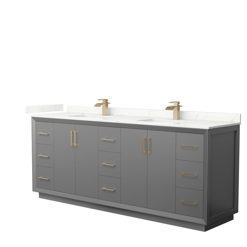 Strada 84'' Double Bathroom Vanity with Quartz Top, Dark Gray, Satin Bronze, Giotto Quartz