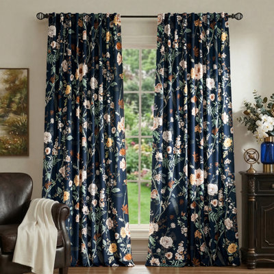 Luxury Velvet Patterned Room Darkening Curtain. Rod Pocket Back Tab Floral Drapes for Living room Bedroom（Set of 2）