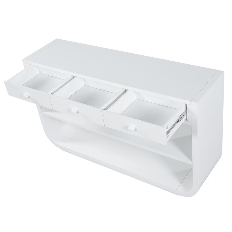 Console moderne incurvée avec 3 tiroirs à fermeture en douceur et 2 tablettes ouvertes, base en bois massif, table de vestibule pour vestibule, blanc