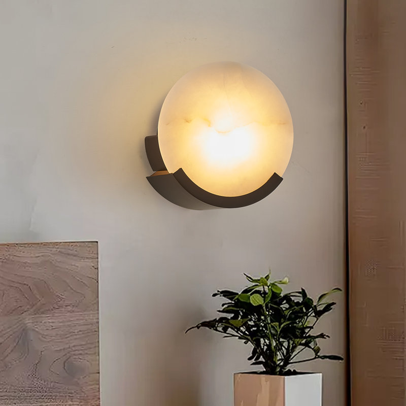 Applique murale ronde avec abat-jour en marbre naturel, Noir mat