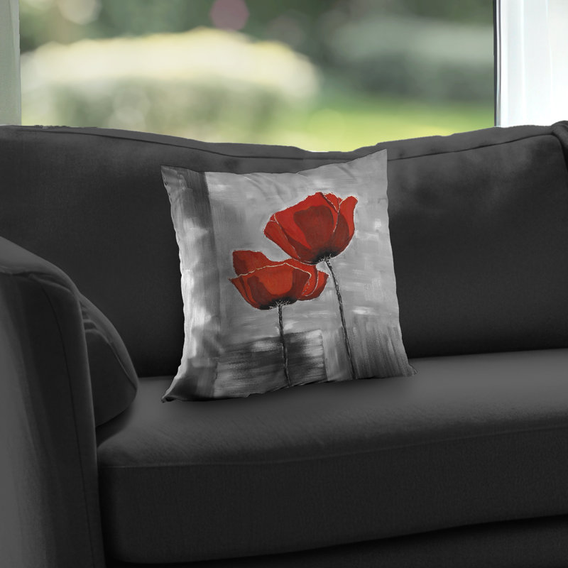 Two Red Flowers on Grayscale Background - Floral Throw Pillow
