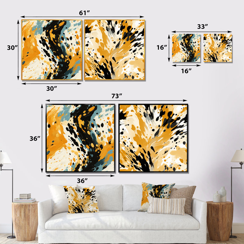 Ensemble de 2 décorations murales peintes jaunes et noires à motif de Cheeta, Encadrement doré, H 30 po x l 61 po x P 1 po