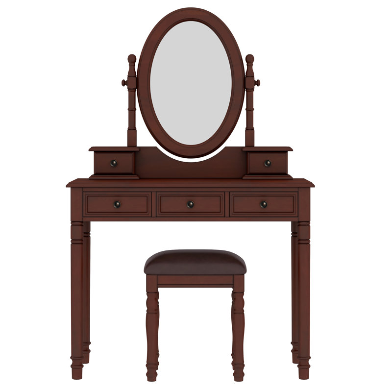 Glamoure Vintage Makeup Vanity Set With Adjustable Mirror And Cushioned Stool, Walnut
