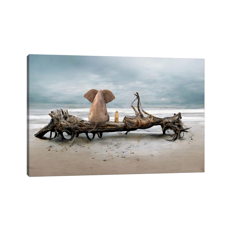 Elephant And A Dog Are Sitting On Driftwood by Mike Kiev - Wrapped Canvas Gallery-Wrapped Canvas Giclée