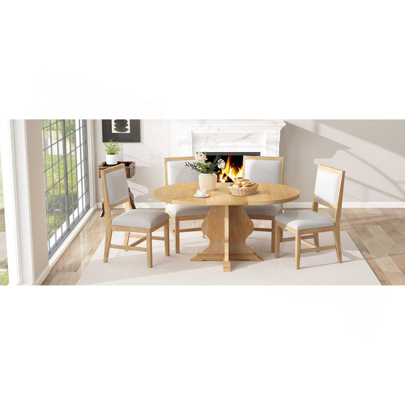 Ensemble de table de salle à manger 5 pièces avec 4 chaises rembourrées Farmhouse, Natural Wood Wash